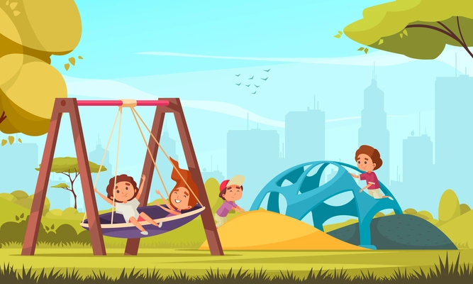 Outdoor activities with characters of playing kids seesaw and sand pit with silhouette of cityscape background vector illustration