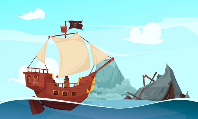 Pirate composition with open sea scenery with mountain boat wreck and sailing pirate ship with flag vector illustration