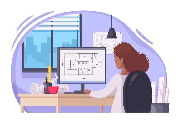 Young long haired woman architect creating construction projects with technical drawings computer software cartoon composition vector illustration