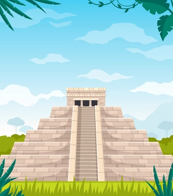 Maya civilization culture architecture cartoon image of ancient staircase monument pyramid temple vector illustration