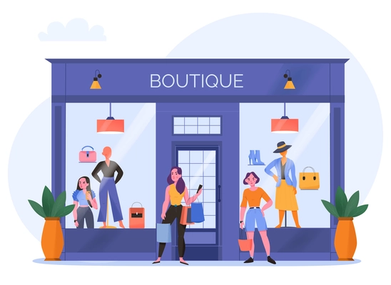 Women in boutique concept with beauty and fashion symbols flat vector illustration