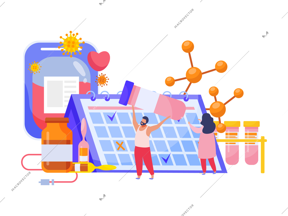 Vaccination flat recolor composition with calendar test tubes drop counter and blood bag vector illustration