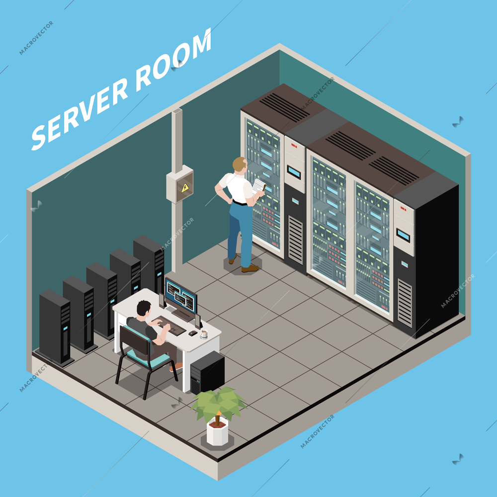 Isometric datacenter composition server room headline and engineers work in server room vector illustration