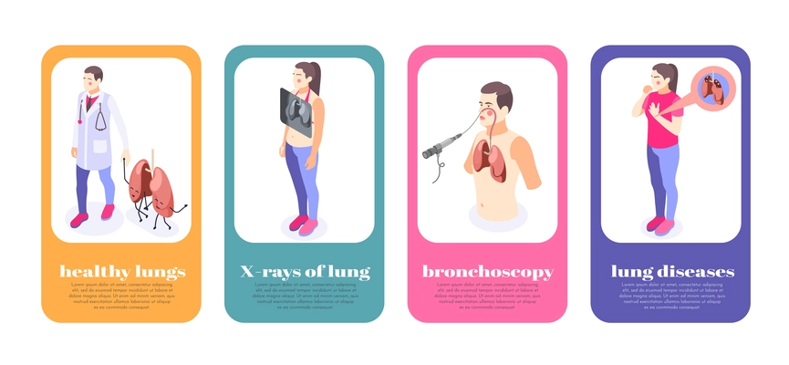 Lung inspection banners set with diseases symbols isometric isolated vector illustration