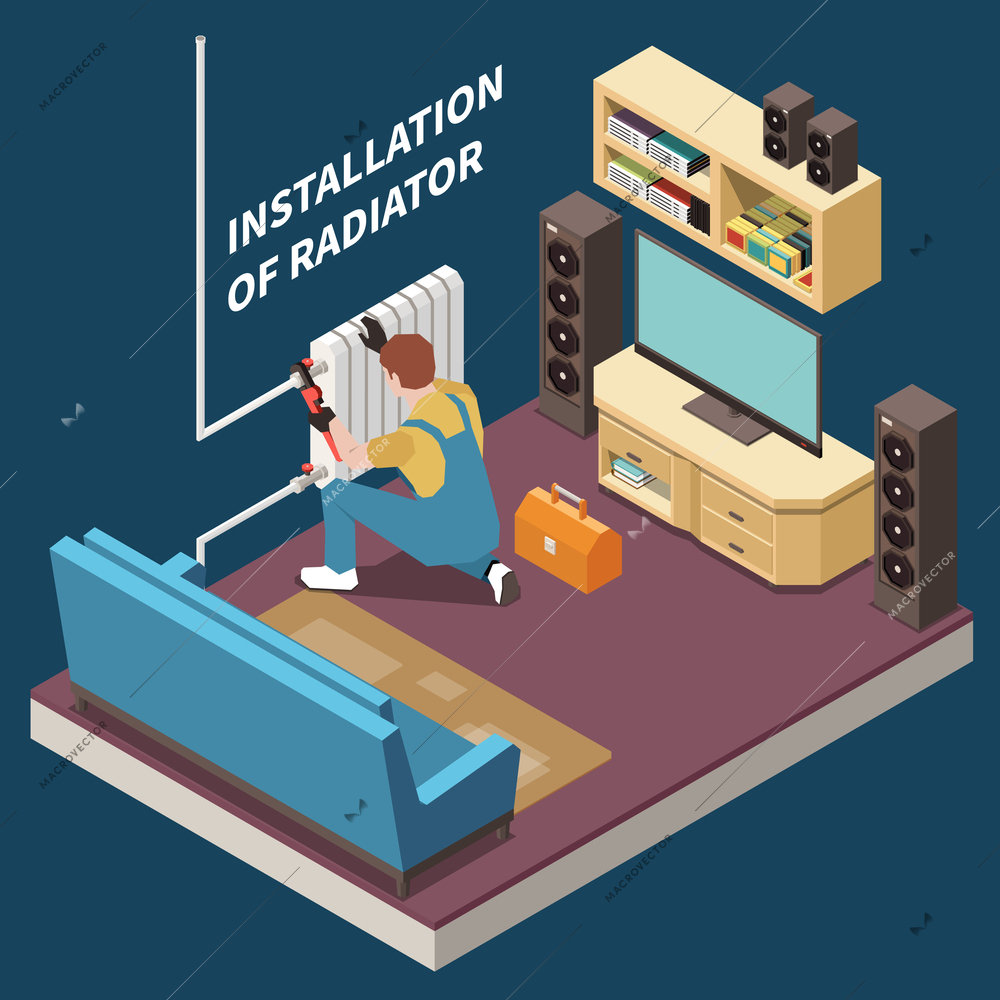 Plumber isometric and colored composition with installation of radiator in the room vector illustration