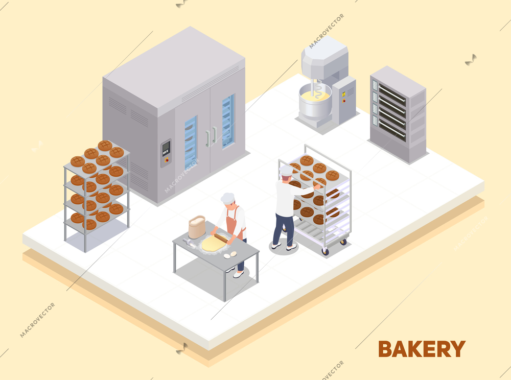 Bakery interior with oven shelves with bread and bakers at work isometric composition 3d vector illustration