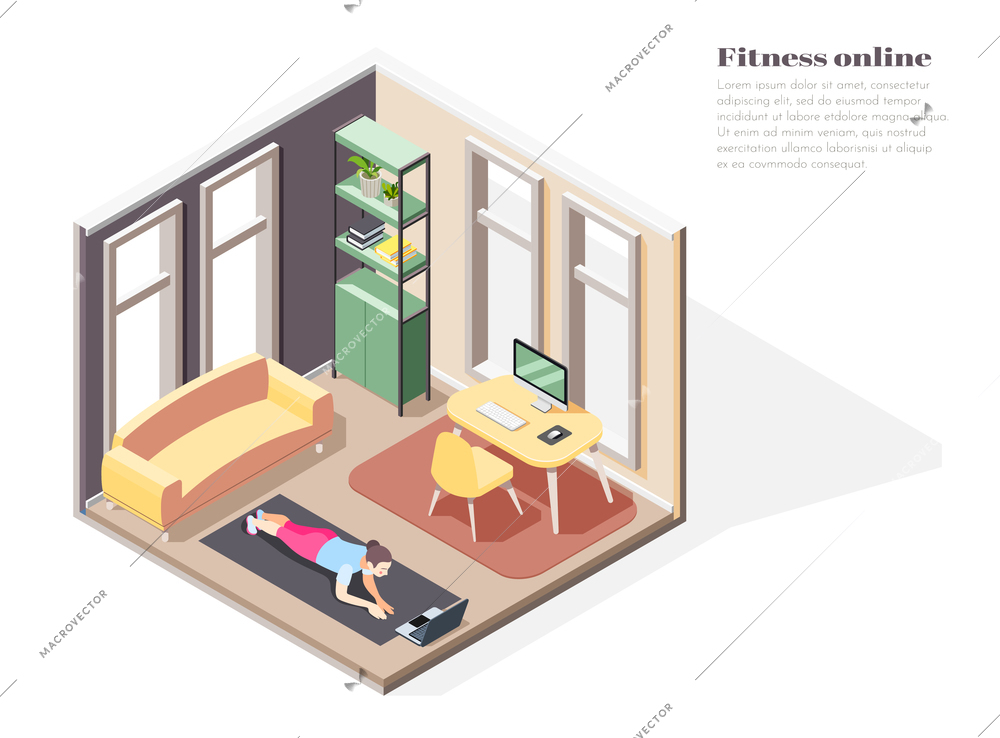 Fitness online isometric composition with woman training on laptop at home interior vector illustration