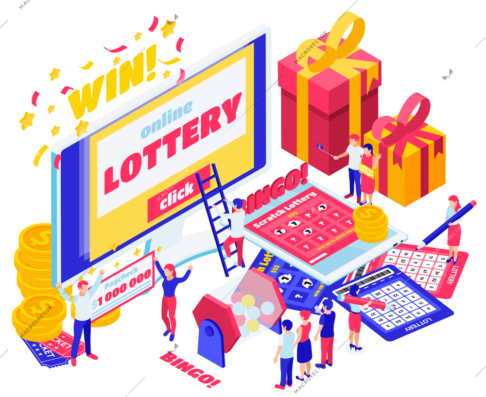 Lottery isometric design concept set of screen with online lottery paycheck for million dollar bingo card vector illustration