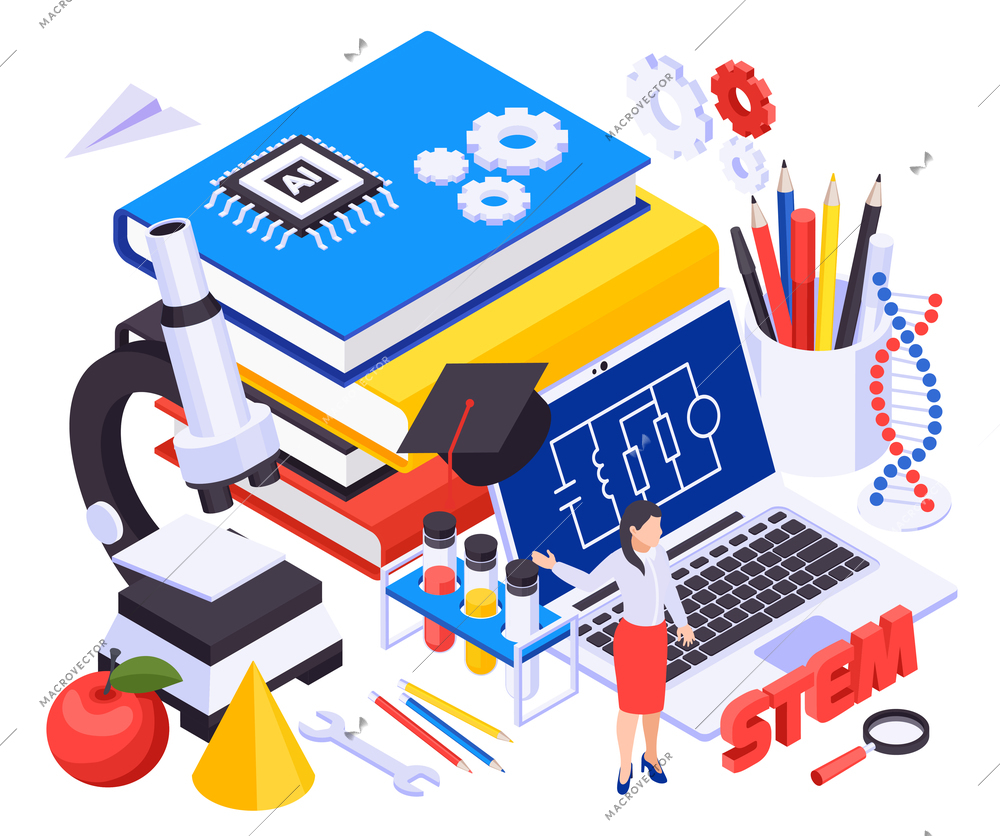 STEM education isometric concept with stack of textbooks microscope electrical circuit on laptop screen vector illustration