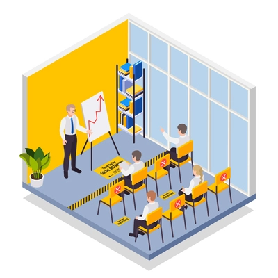 Social distancing in classroom isometric composition with students sitting sitting at distance from each other vector illustration