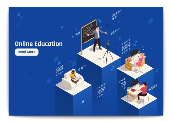 Distance education isometric composition with teacher explaining information online and students studying using their computers 3d vector illustration