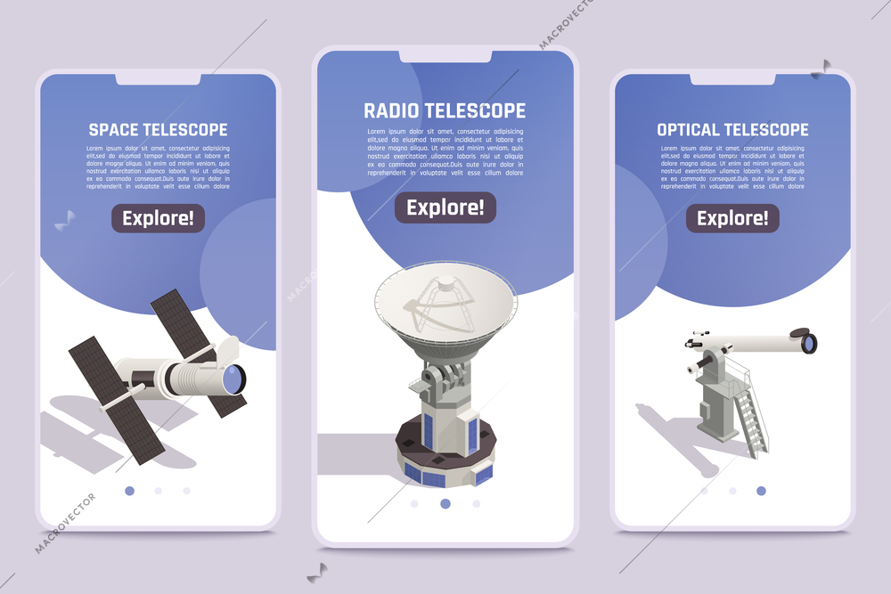 Isometric banners set with professional space radio and optical telescopes for exploring astronomy objects 3d isolated vector illustration