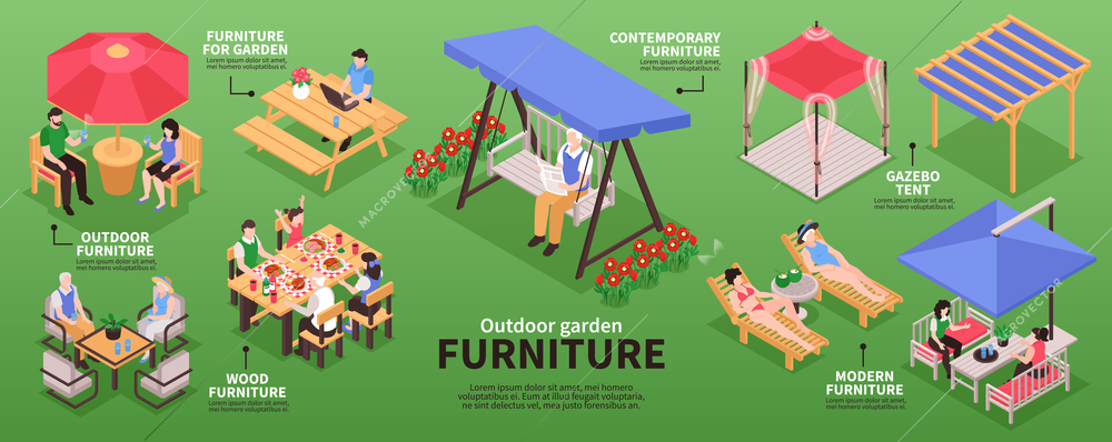 Isometric garden furniture infographics with editable text captions arrows and images of wooden lounge and tents vector illustration