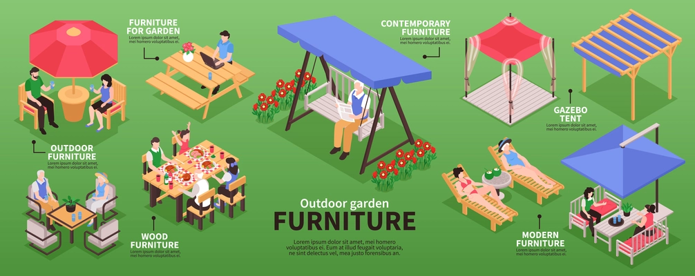 Isometric garden furniture infographics with editable text captions arrows and images of wooden lounge and tents vector illustration