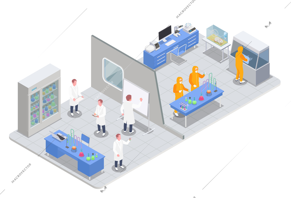 Pharmaceutical production isometric composition with view of research and test rooms with medical products and scientists vector illustration