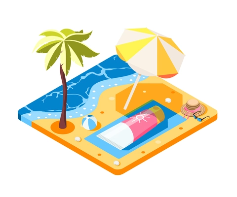 Sunscreen isometric composition with conceptual image of cream tube laying on sandy beach with sun umbrella vector illustration