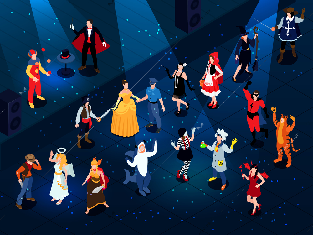 Isometric festive masquerade carnival composition with indoor night club scenery and human characters wearing funky costumes vector illustration