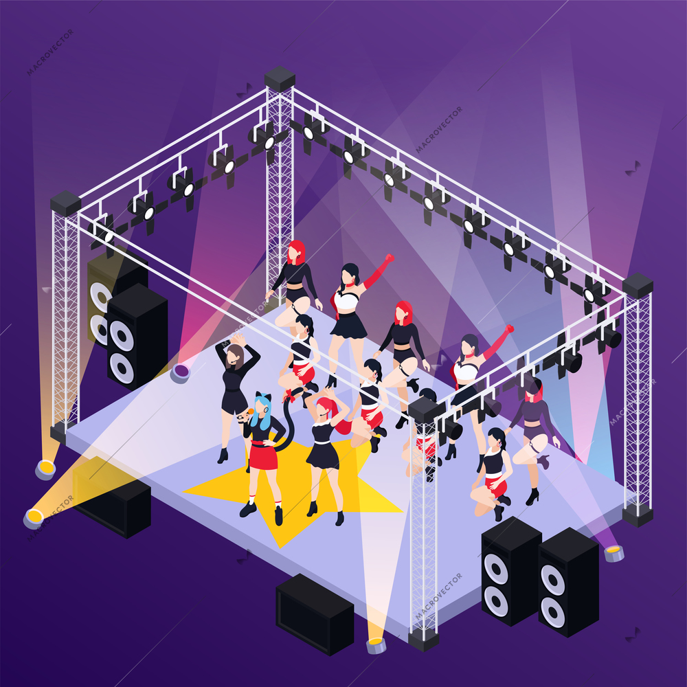 Pop music girls band  performing on street stage outdoor isometric background vector illustration