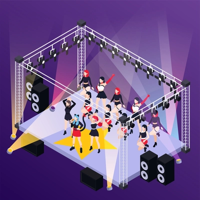 Pop music girls band  performing on street stage outdoor isometric background vector illustration