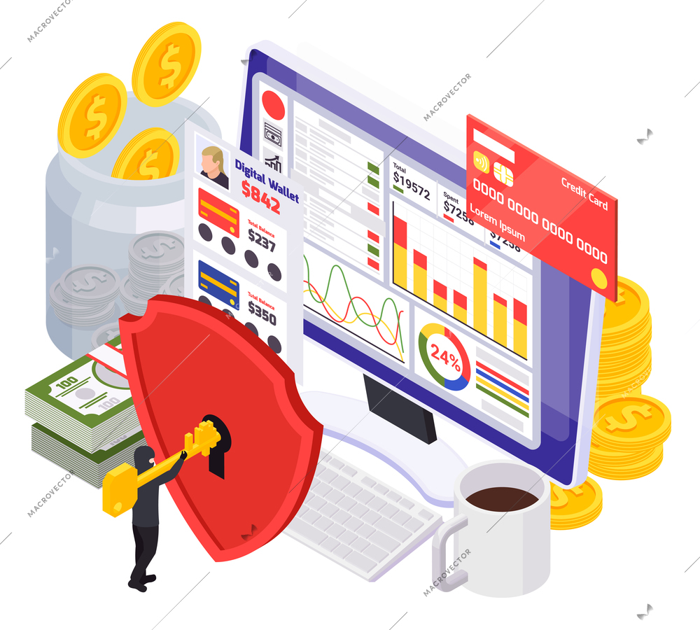 Data protection isometric design concept with digital wallet credit card and hacker hacking personal account vector illustration