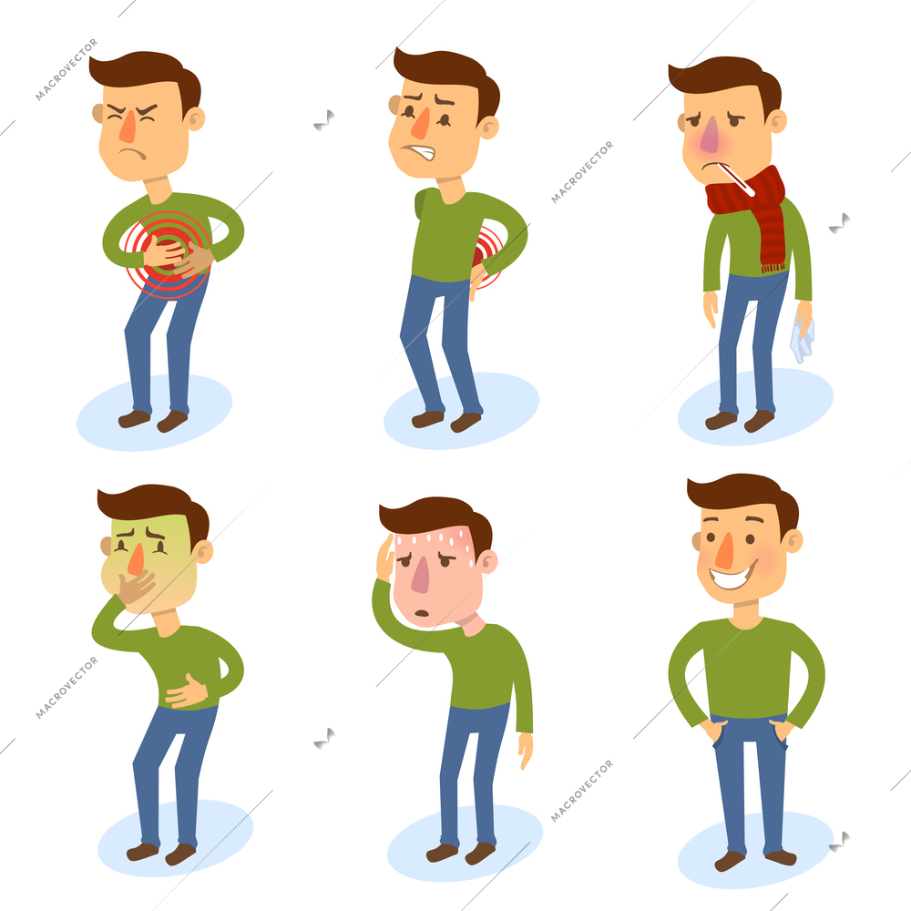 Sick characters set of people with pain and diseases isolated vector illustration.