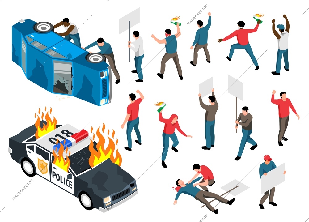 Protest action isometric icons set with people holding posters and molotov cocktails damaged cars injured man 3d isolated vector illustration
