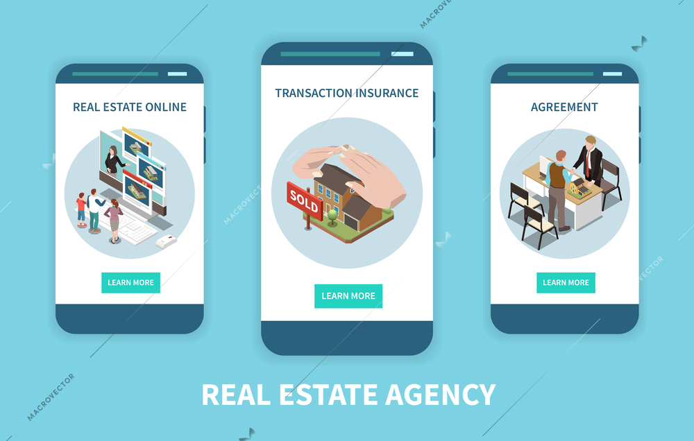 Real estate agency isometric set with learn more buttons text and conceptual images of selling houses vector illustration