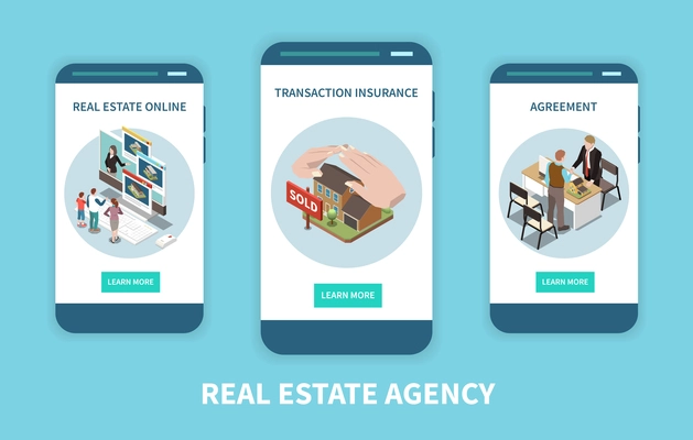 Real estate agency isometric set with learn more buttons text and conceptual images of selling houses vector illustration