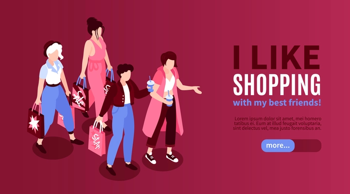 Isometric women friends horizontal banner with editable text slider more button and female characters during shopping vector illustration