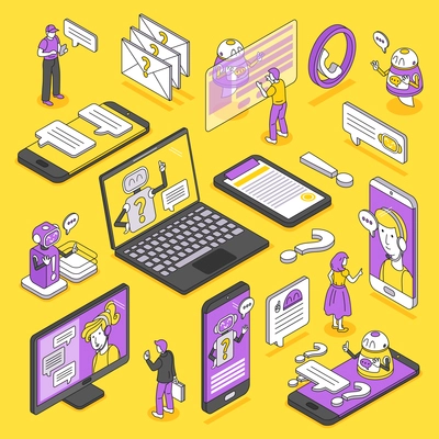 People asking computer and smartphone chatbot for help isometric icons set isolated on yellow background vector illustration