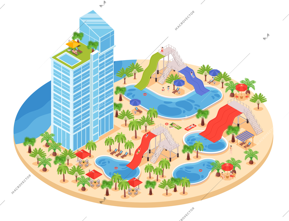 Isometric hotel water park composition with tall building pools with slide and trees on circle platform vector illustration