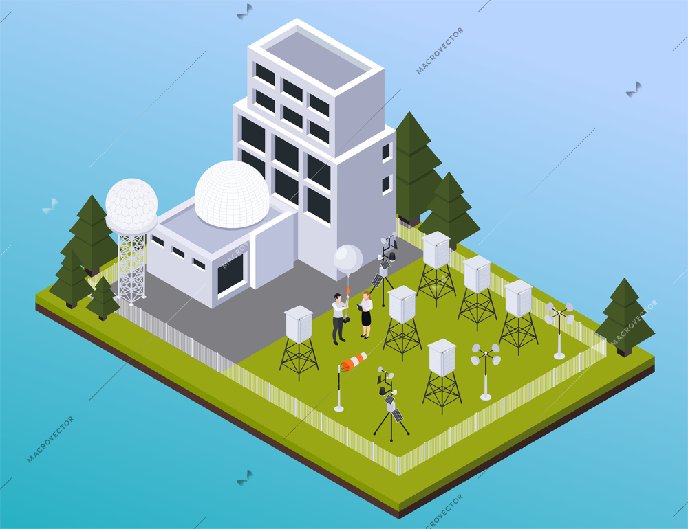 Meteorology weather forecast isometric composition with view of outdoor site with meteo station buildings and radars vector illustration