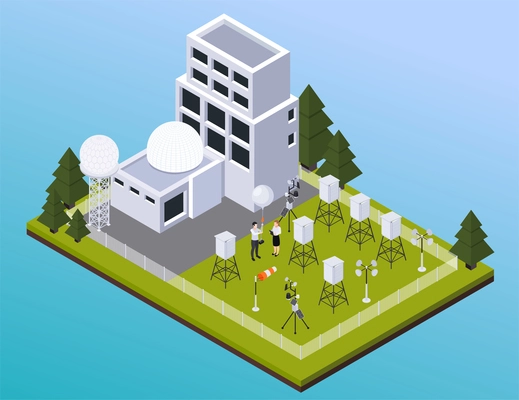 Meteorology weather forecast isometric composition with view of outdoor site with meteo station buildings and radars vector illustration