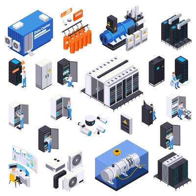 Data center isometric set of isolated icons and images of servers with power units and conditioners vector illustration