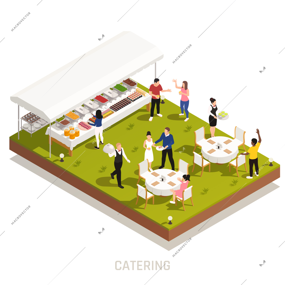 Backyard wedding reception catering with outdoor buffet and waiters serving tables on grassy area isometric vector illustration