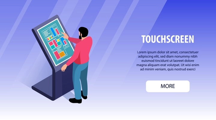 Isometric interactive users touchscreen horizontal banner with editable text clickable more button and touch sensitive panel vector illustration