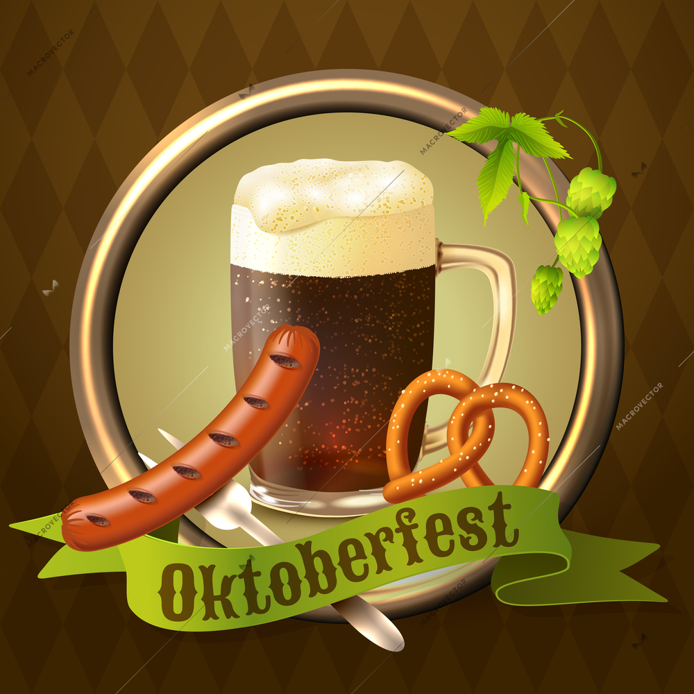 Glass mug of dark beer with sausage pretzel and hop branch Octoberfest poster vector illustration