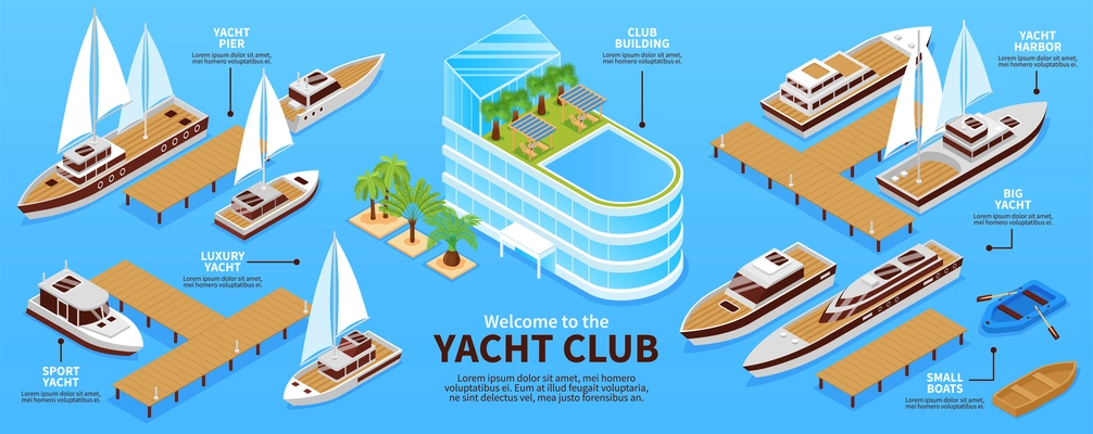 Infographis with various types of yachts boats pier and club building on blue background 3d isometric vector illustration