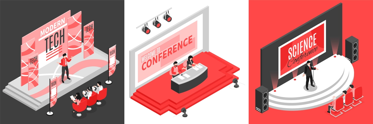 Isometric conference hall design concept with square compositions of stage images with human characters of presenters vector illustration