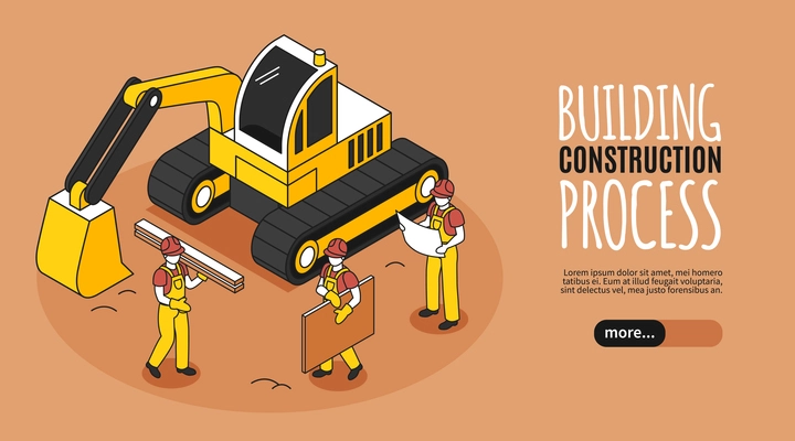 Isometric builders horizontal banner with image of bulldozer surrounded by group of workers with editable text vector illustration