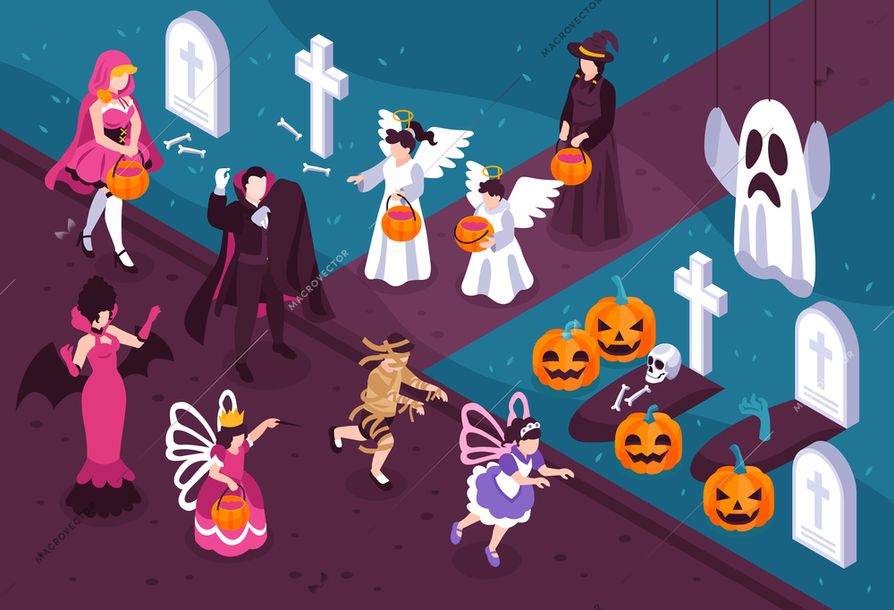 People wearing halloween costumes of vampire fairy witch zombie angel and party decoration elements 3d isometric vector illustration