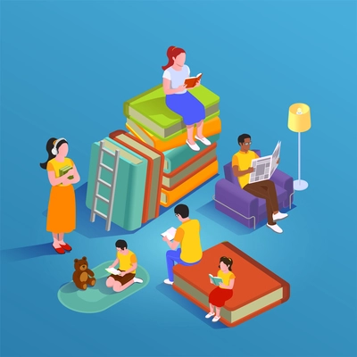 Reading isometric composition with small human characters of reading people and stacks of books with furniture vector illustration