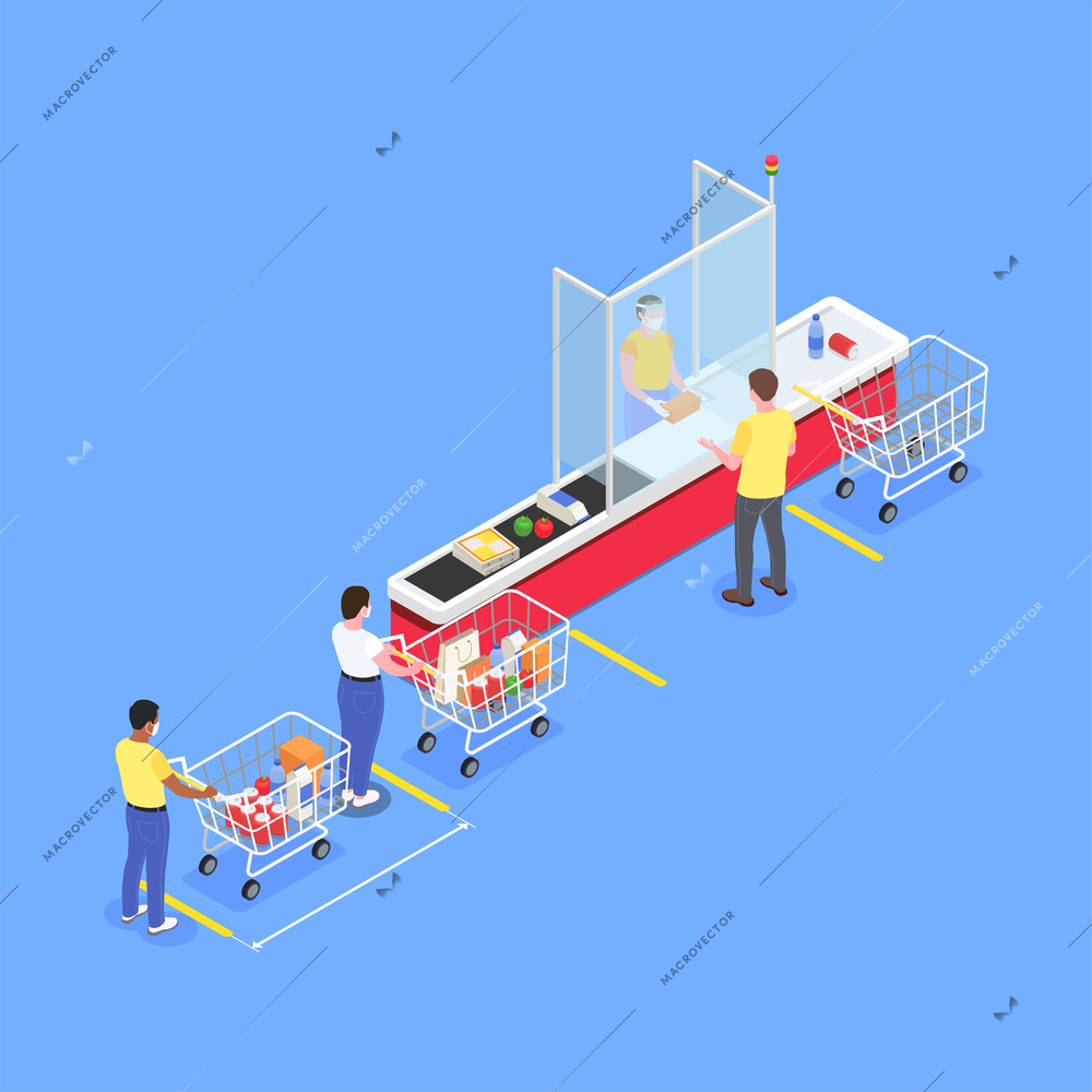 Social distancing isometric composition with supermarket line and people with shopping carts and cashier behind barrier vector illustration