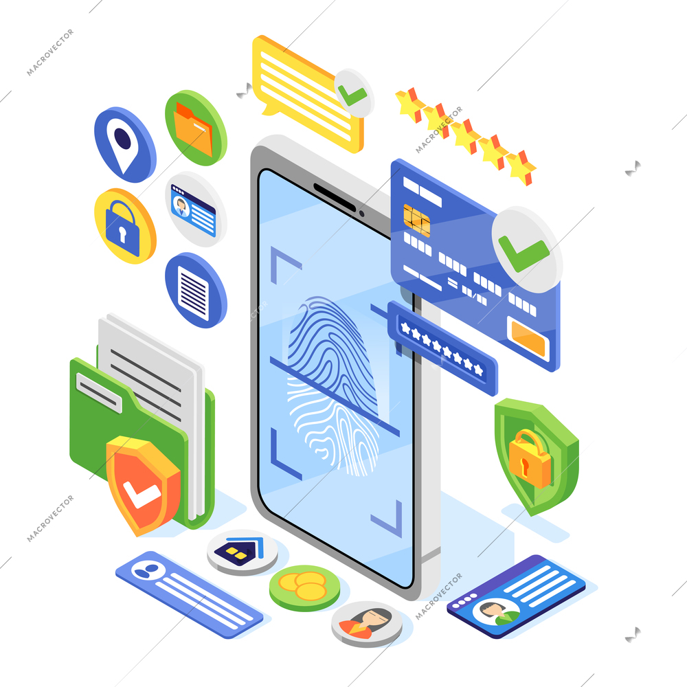 Personal data protection gdpr isometric composition with image of smartphone with fingerprint and credit card pictograms vector illustration