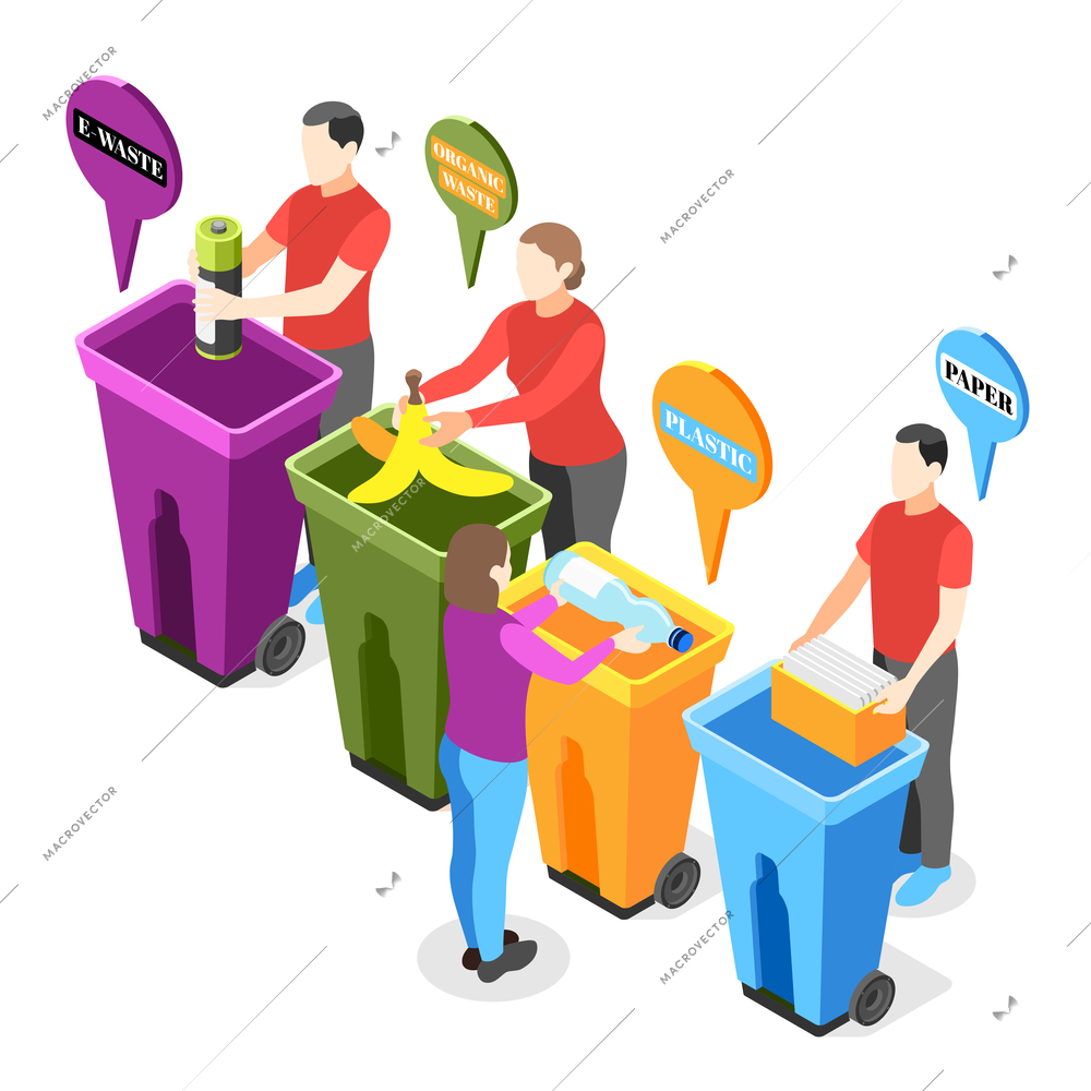 Electronic garbage isometric composition with human characters putting various types of waste in separate trash bins vector illustration