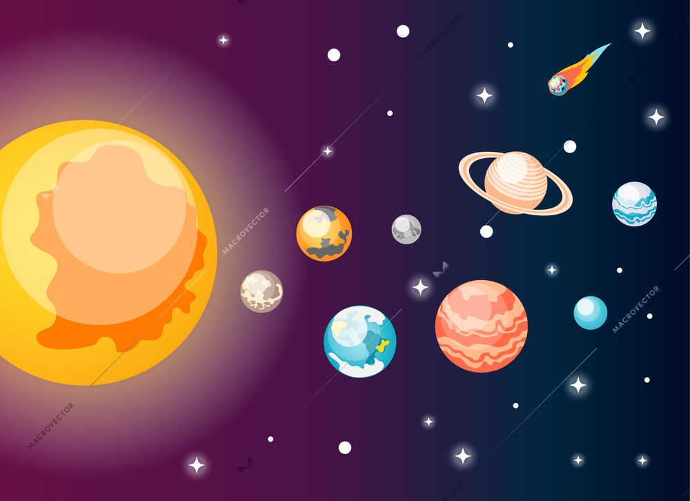 Astronomy isometric composition with view of outer space and images of sun and solar system planets vector illustration