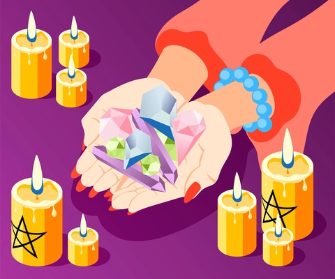 Magical services isometric composition with hands of fortune teller holding bunch of stones with burning candles vector illustration