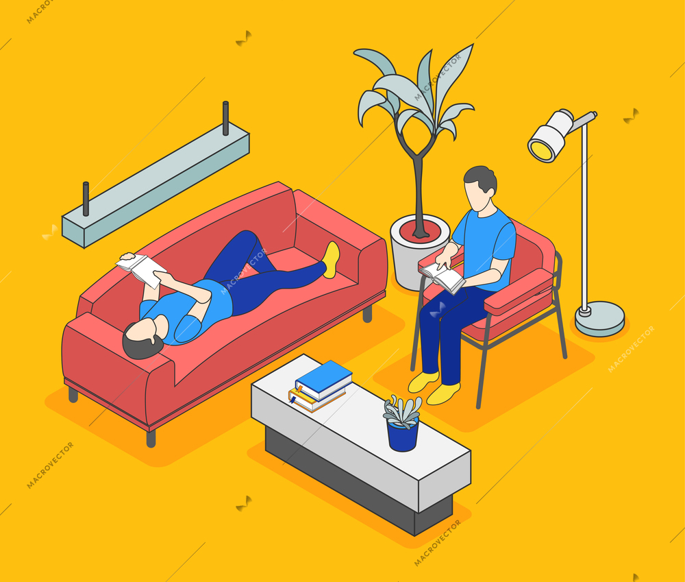 Reading people isometric background composition with interior elements and human characters sitting laying while reading books vector illustration