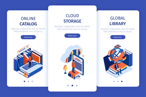 Online library 3 vertical mobile screen banners set with catalog cloud storage global access isometric vector illustration