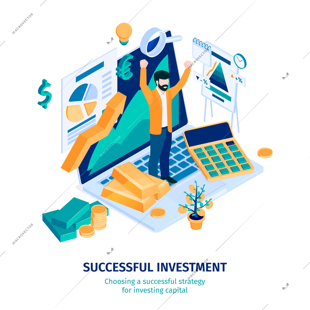 Successful investment strategies isometric composition with money piles triumphant entrepreneur on laptop with profits rising analytics vector illustration